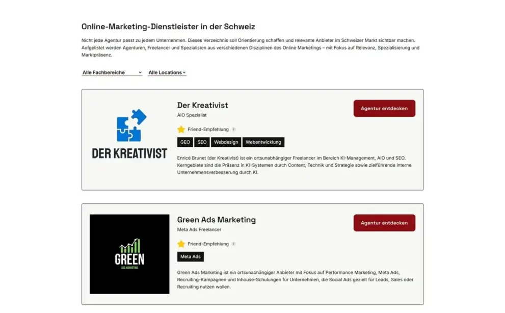 Beispiel eines eigenen Inhaltstyps: gefiltertes Anbieter-Verzeichnis mit Fachbereichs- und Orts-Filter