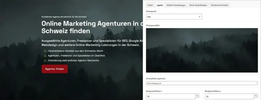 Links die fertige Website, rechts die Pflege desselben Bereichs im WordPress-Backend