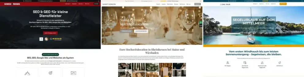 Drei mit dem System gebaute Startseiten als Beispiele
